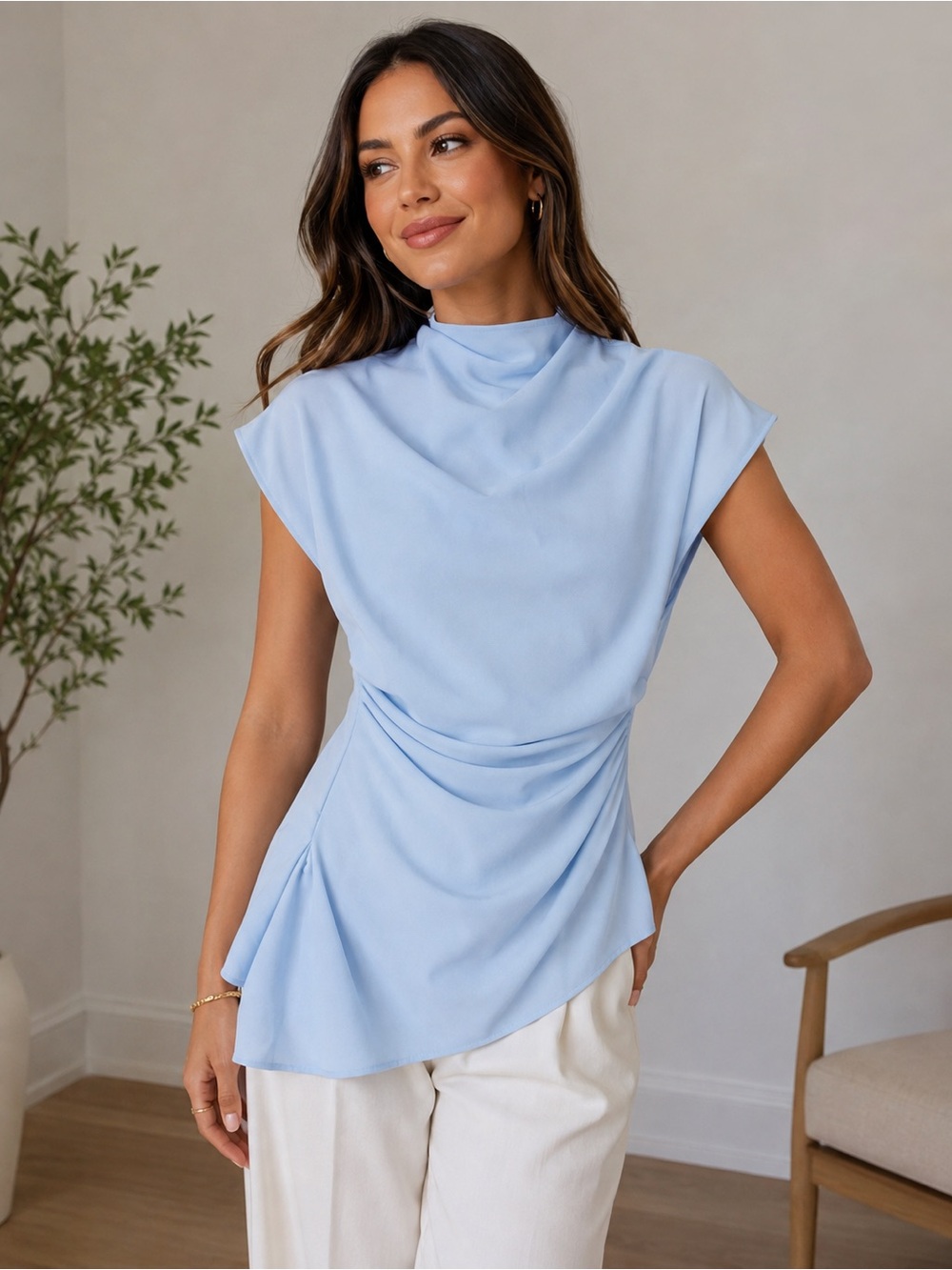 SHEIN Women’s Light Blue Ruched Asymmetrical Mock Neck Blouse Top Size S BNWOT